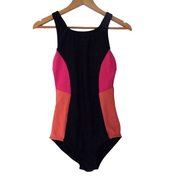 Lands End Swimsuit Sz XS 2 4 One Piece Built in Bra Blue Pink Orange Colorblock - Picture 1 of 6